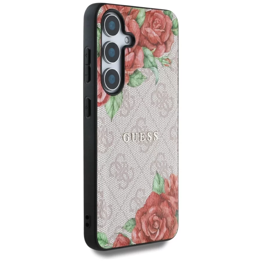 Etui Guess Leather 4G Flowers Print Metal Classic Logo MagSafe na Samsung Galaxy S25 - różowe