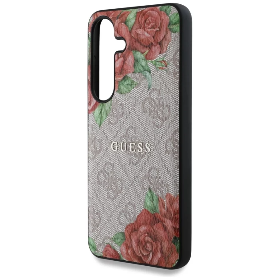 Etui Guess Leather 4G Flowers Print Metal Classic Logo MagSafe na Samsung Galaxy S25 - różowe