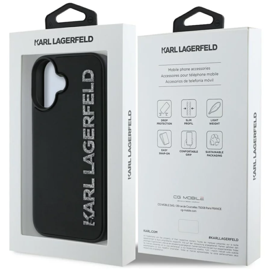 Etui Karl Lagerfeld HC 3D Rubber Elongated Glitter na iPhone 16 - czarne