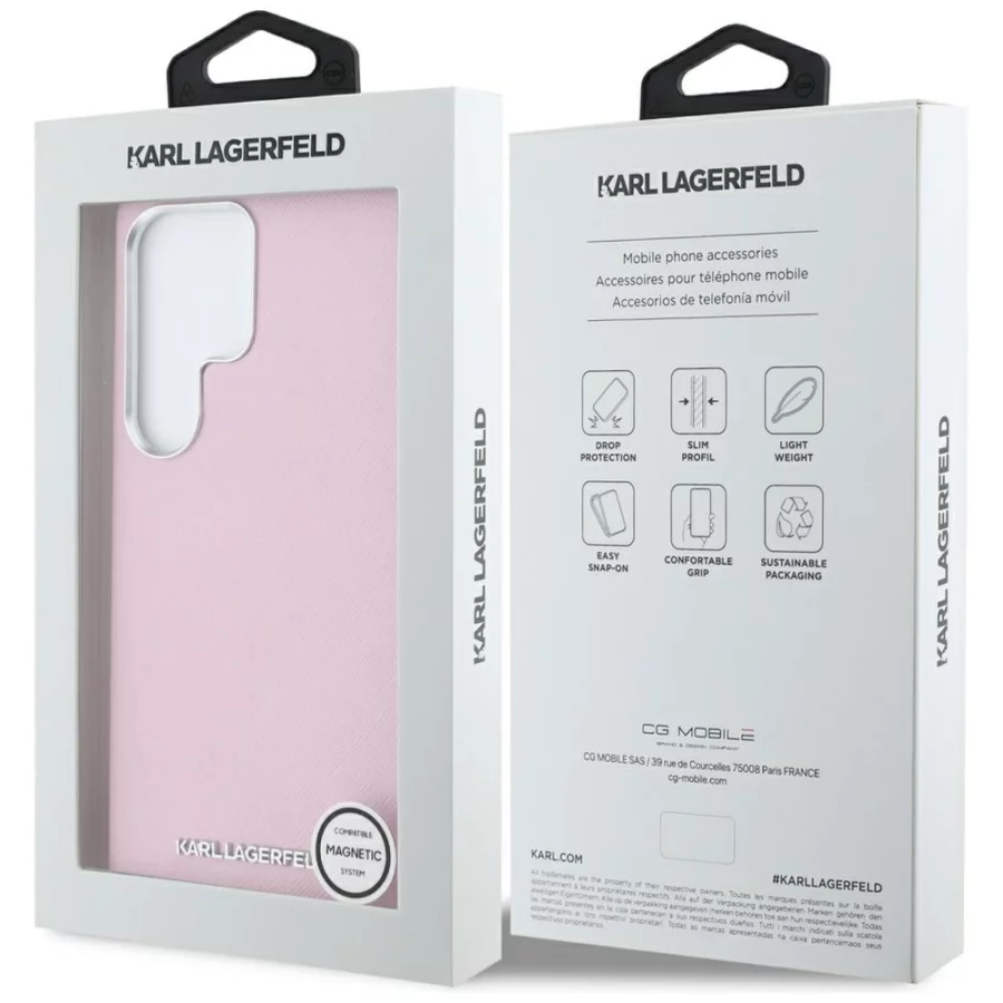 Etui Karl Lagerfeld Saffiano Full Wrapped Elongated Metal Logo MagSafe na Samsung Galaxy S25 Ultra - różowe