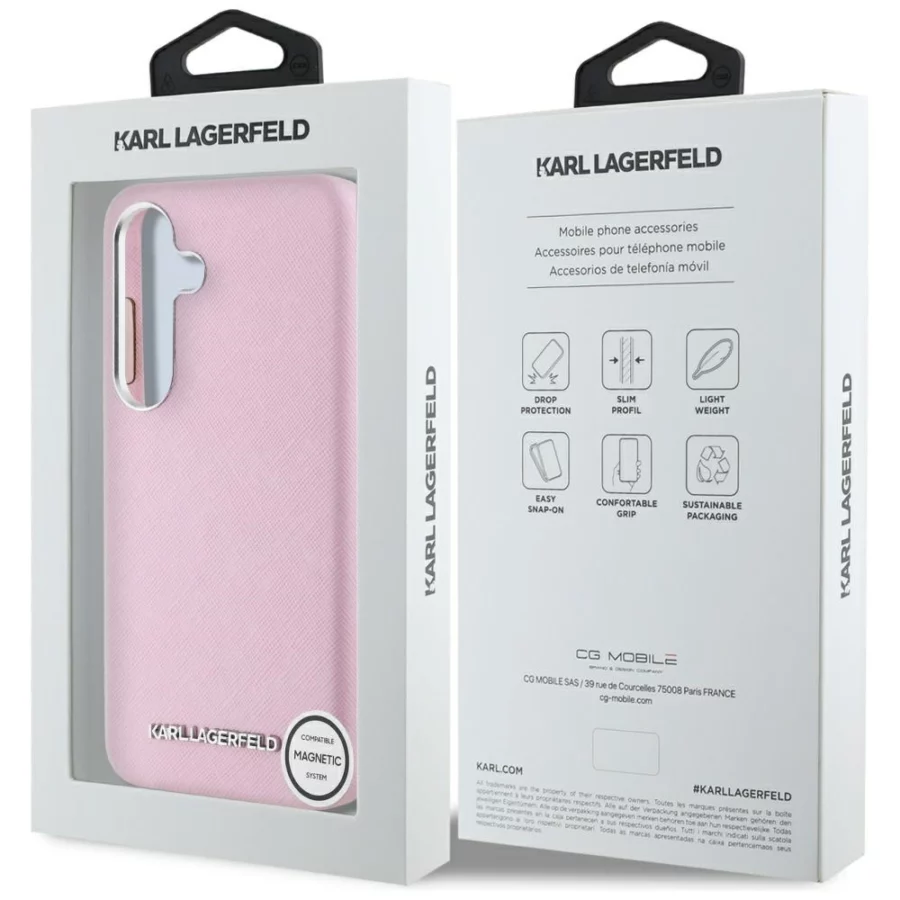 Etui Karl Lagerfeld Saffiano Full Wrapped Elongated Metal Logo MagSafe na Samsung Galaxy S25+ - różowe