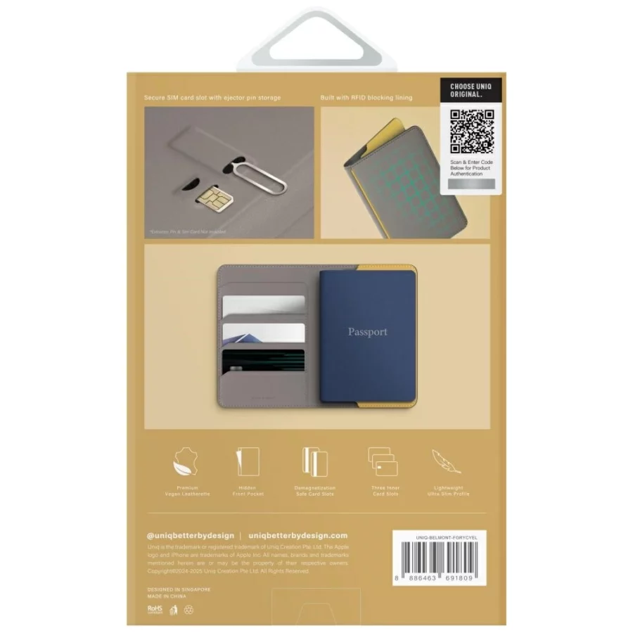 Etui na paszport UNIQ Belmont z blokadą RFID - szaro-żółte
