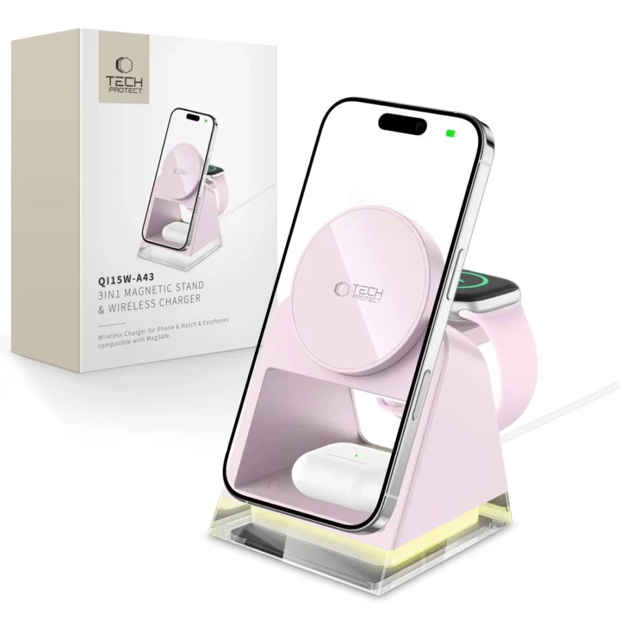 Ładowarka indukcyjna Tech-Protect QI15W-A43 3w1 MagSafe - różowa