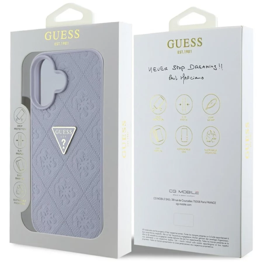 Etui Guess Hot Stamp 4G Pattern Triangle Metal Logo na iPhone 16 - fioletowe