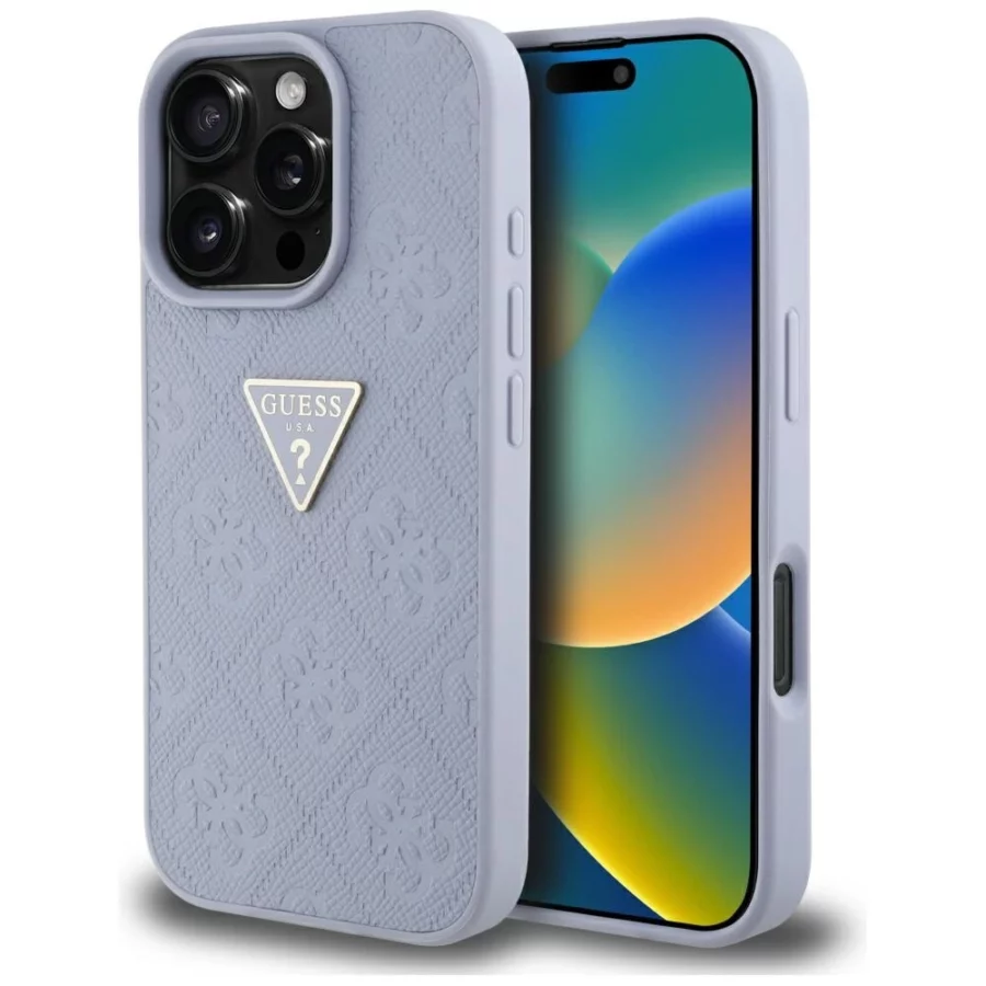 Etui Guess Hot Stamp 4G Pattern Triangle Metal Logo na iPhone 16 Pro - fioletowe