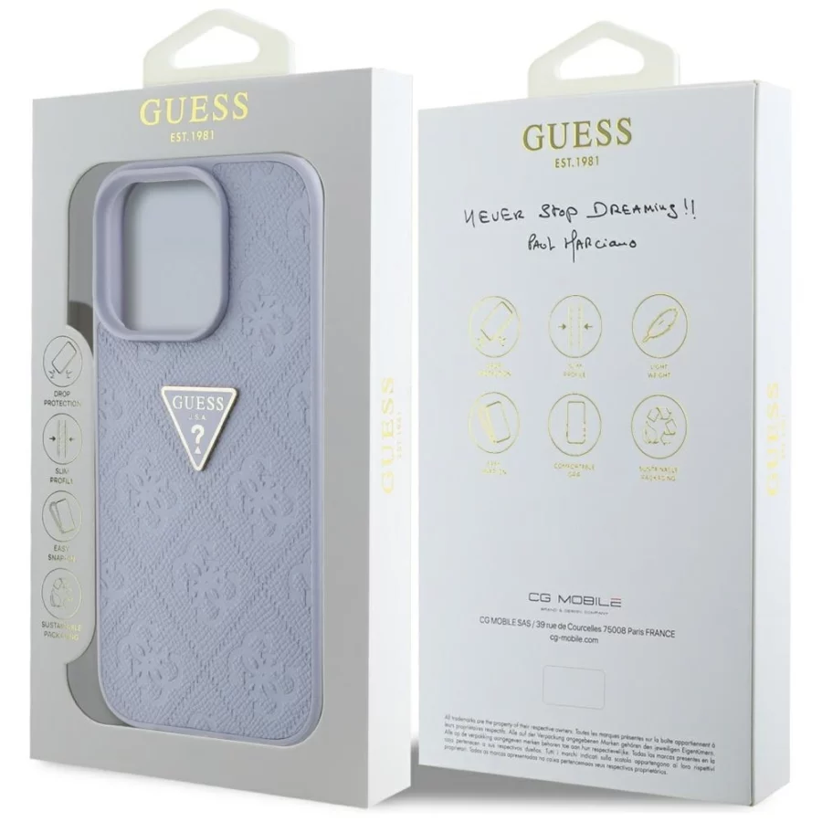 Etui Guess Hot Stamp 4G Pattern Triangle Metal Logo na iPhone 16 Pro - fioletowe