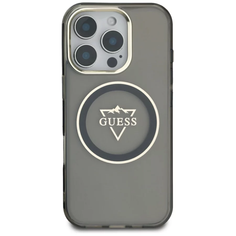 Etui Guess IML Metal Mountain Logo MagSafe na iPhone 16 Pro - czarny