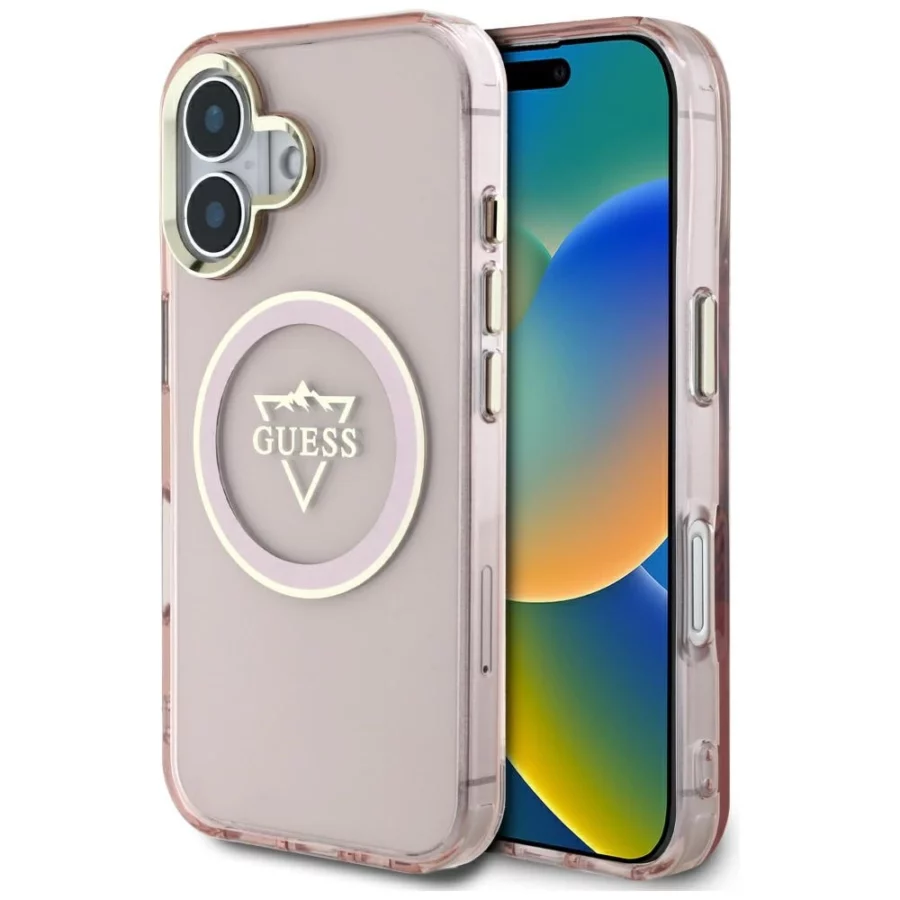 Etui Guess IML Metal Mountain Logo MagSafe na iPhone 16 - różowe