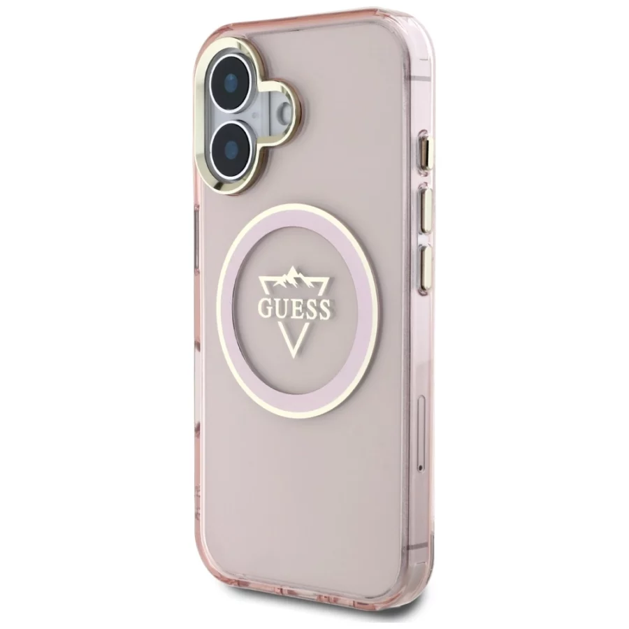Etui Guess IML Metal Mountain Logo MagSafe na iPhone 16 - różowe