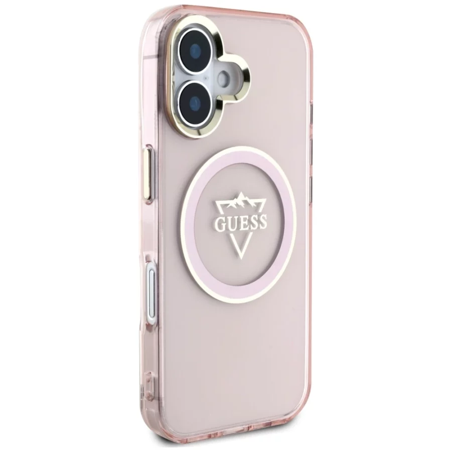 Etui Guess IML Metal Mountain Logo MagSafe na iPhone 16 - różowe