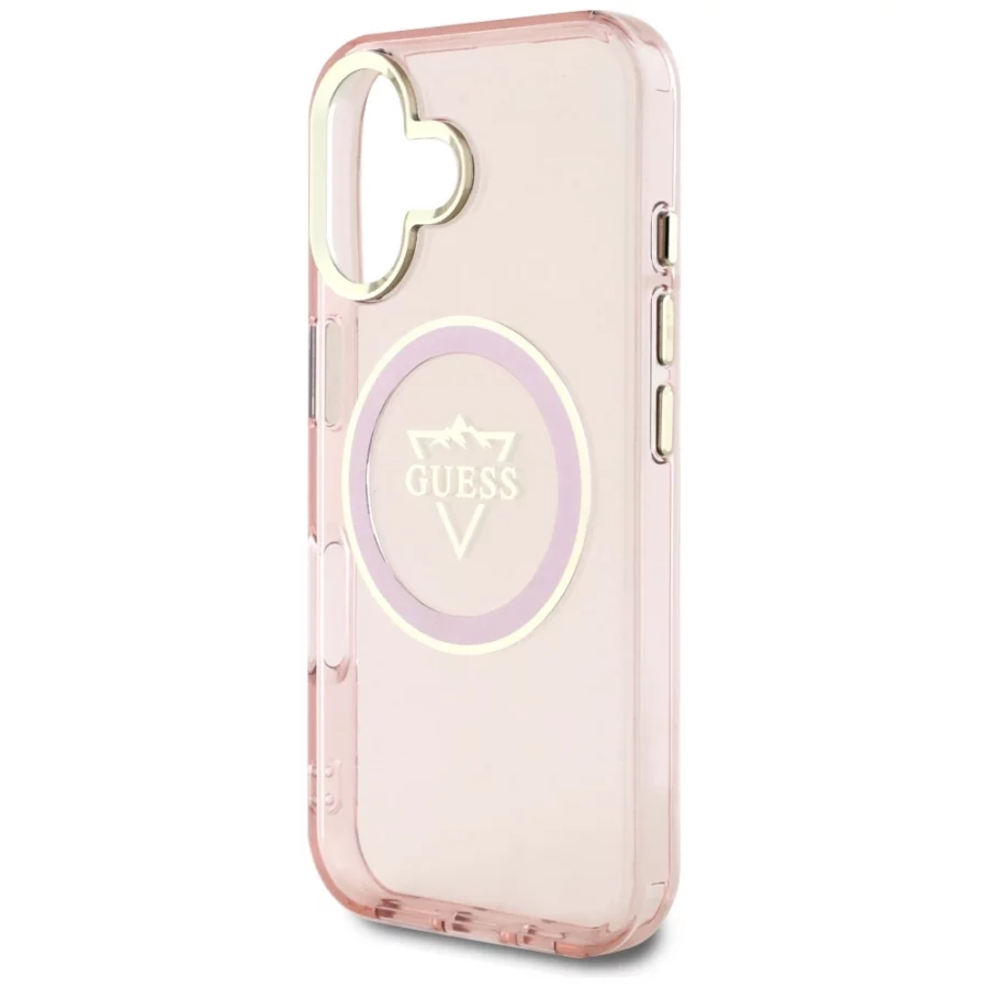 Etui Guess IML Metal Mountain Logo MagSafe na iPhone 16 - różowe
