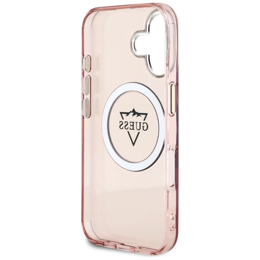 Etui Guess IML Metal Mountain Logo MagSafe na iPhone 16 - różowe