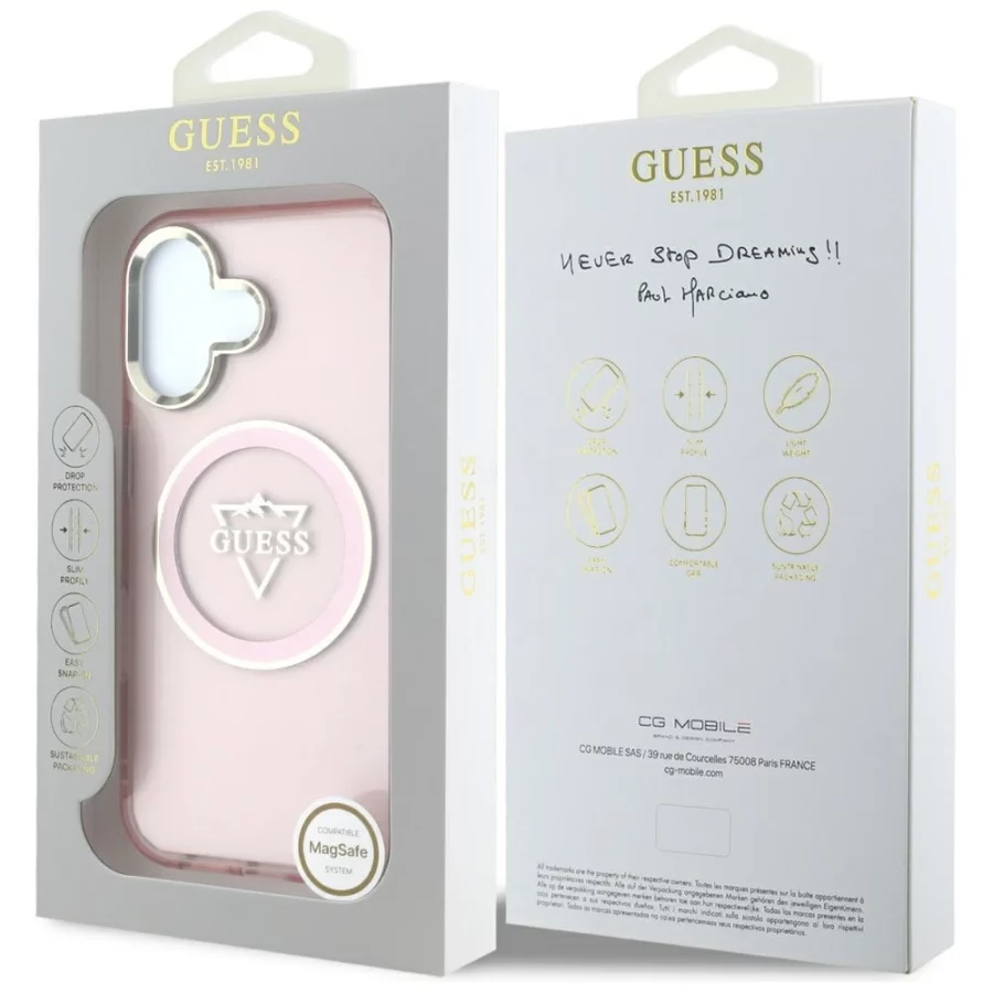 Etui Guess IML Metal Mountain Logo MagSafe na iPhone 16 - różowe