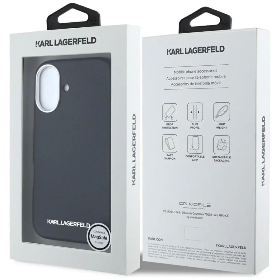 Etui Karl Lagerfeld Saffiano Full Wrapped Elongated Metal Logo MagSafe na iPhone 16 - czarne