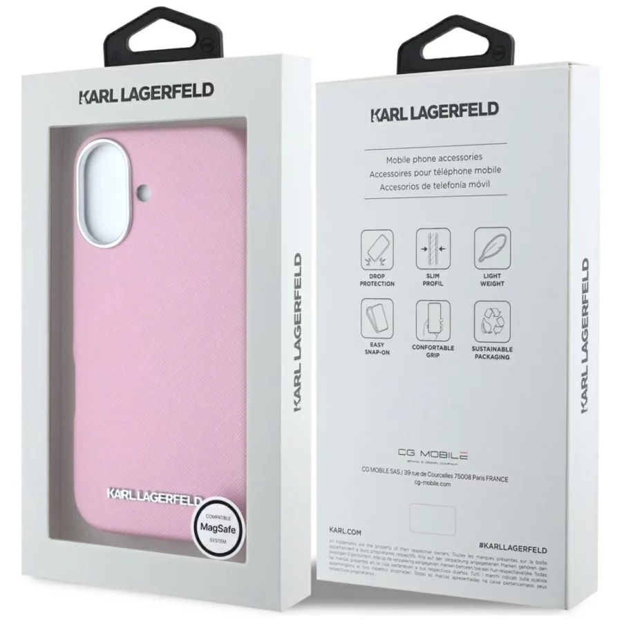 Etui Karl Lagerfeld Saffiano Full Wrapped Elongated Metal Logo MagSafe na iPhone 16 - różowe