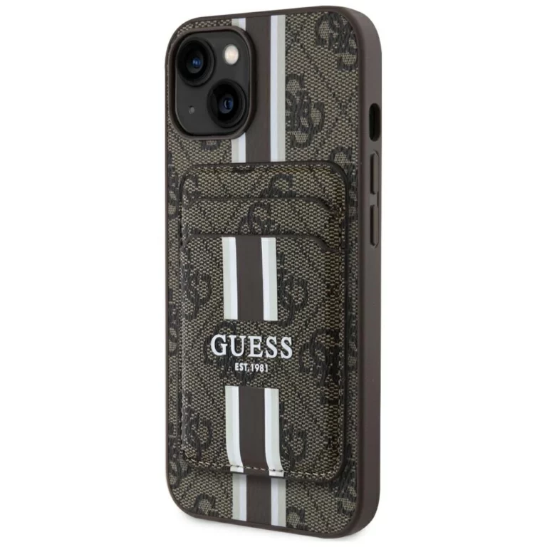 Etui Guess 4G Stripes z portfelem Magsafe do iPhone 15 brązowy