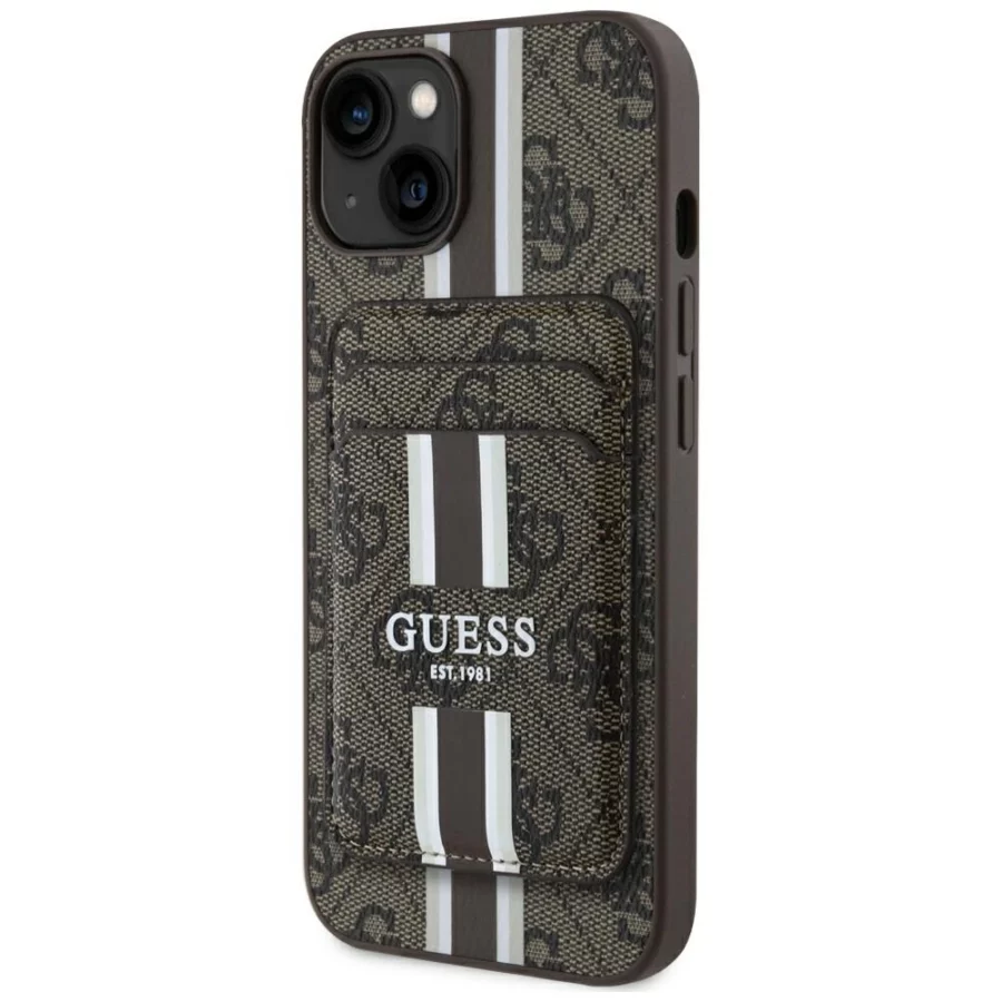 Etui Guess 4G Stripes z portfelem Magsafe do iPhone 15 brązowy