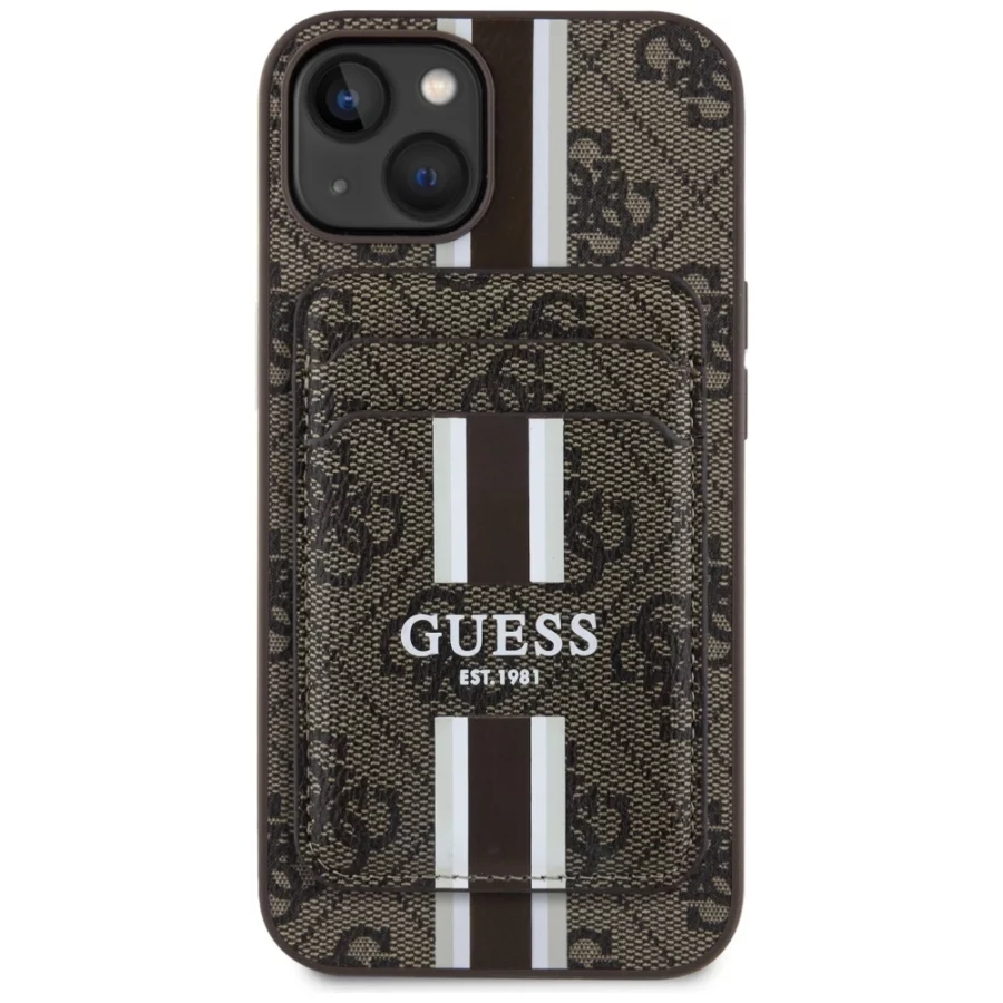 Etui Guess 4G Stripes z portfelem Magsafe do iPhone 15 brązowy