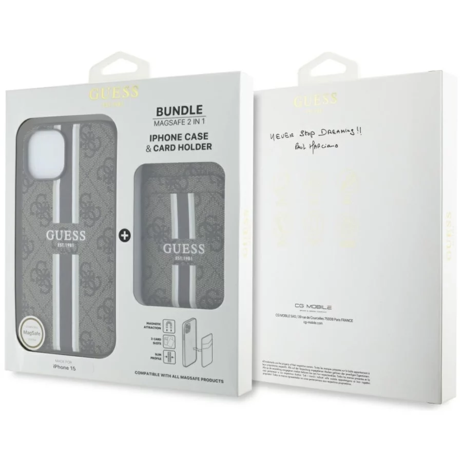 Etui Guess 4G Stripes z portfelem Magsafe do iPhone 15 brązowy