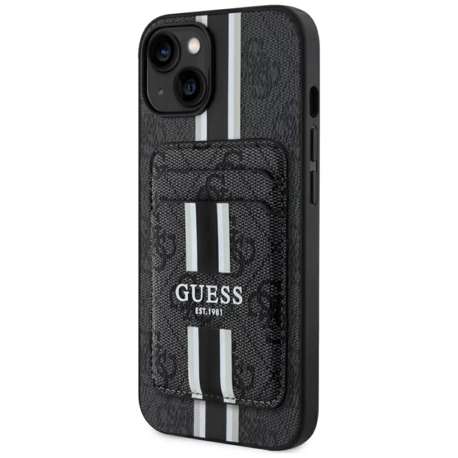 Etui Guess 4G Stripes z portfelem Magsafe do iPhone 15 czarny