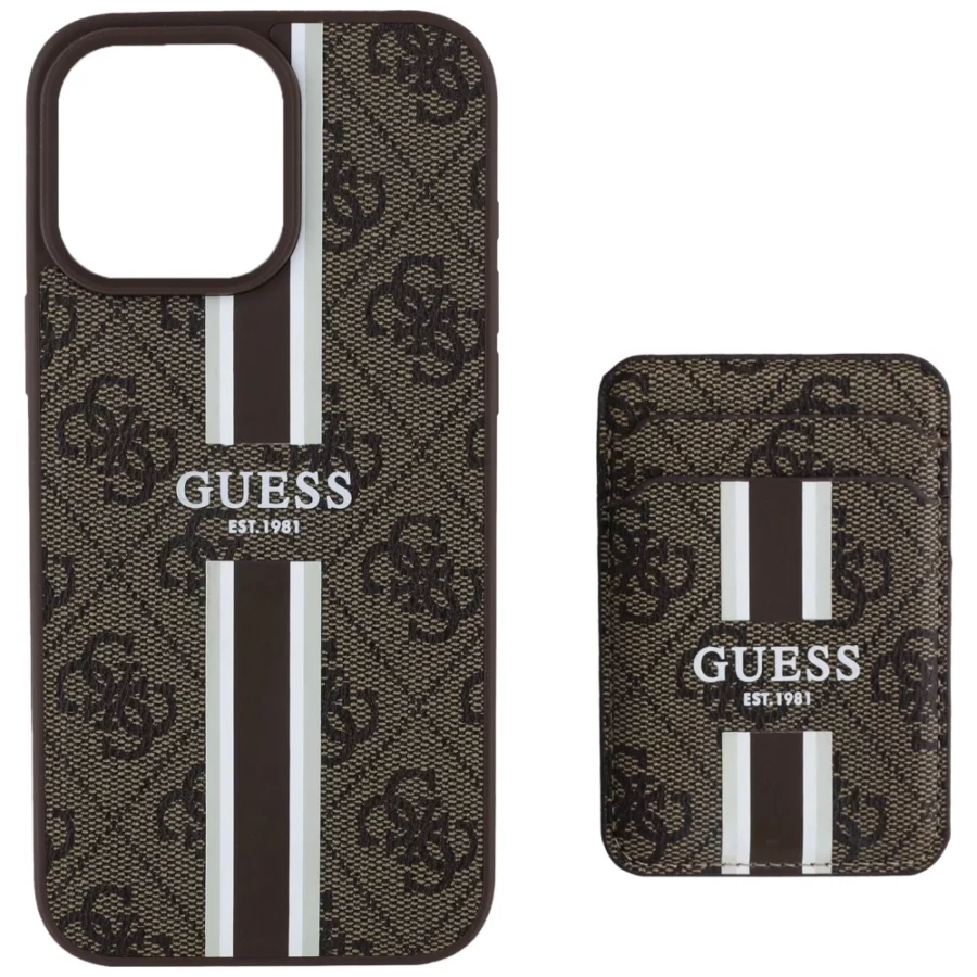 Etui Guess 4G Stripes z portfelem Magsafe do iPhone 16 Pro Max brązowy