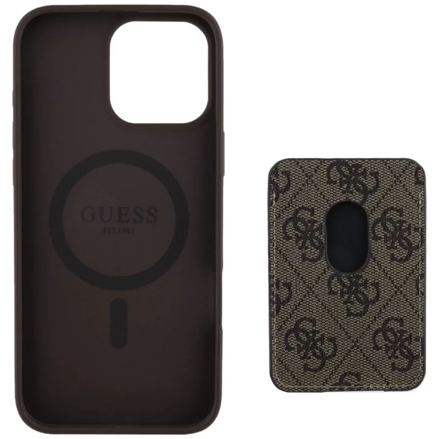 Etui Guess 4G Stripes z portfelem Magsafe do iPhone 16 Pro Max brązowy