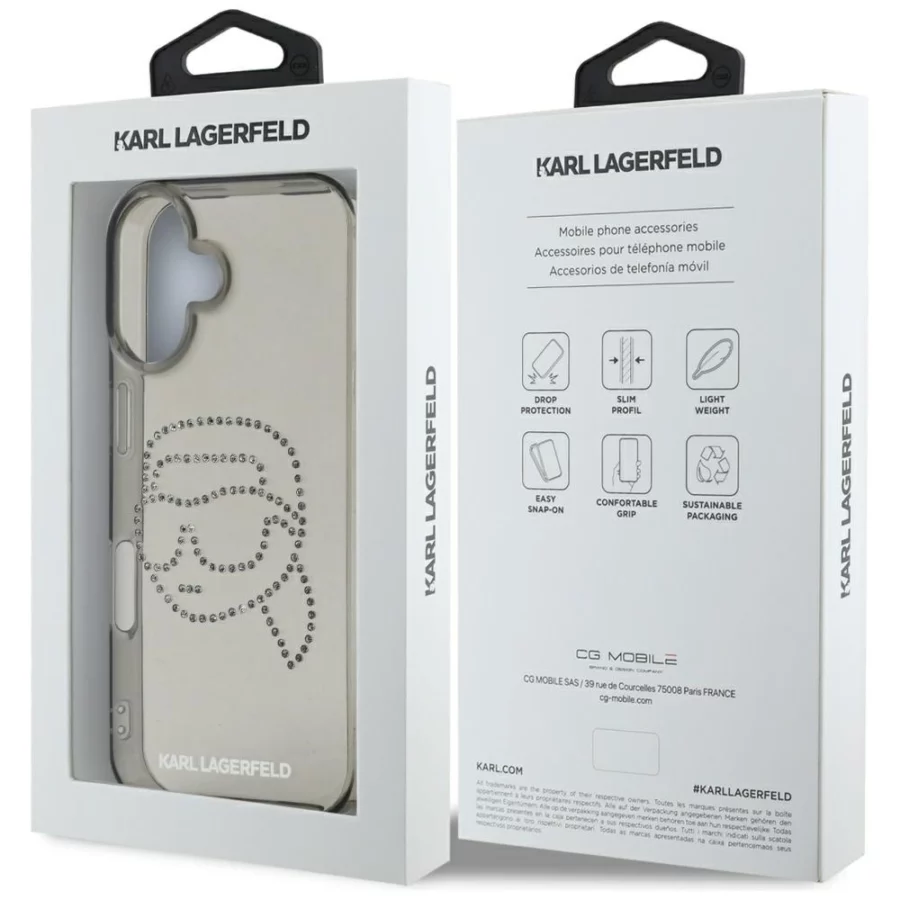 Etui Karl Lagerfeld IML Rhinestones Karl Head do iPhone 16 czarny