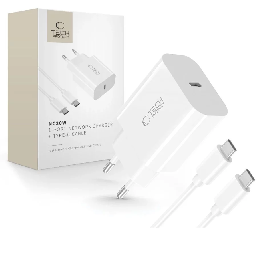 Ładowarka sieciowa Tech-Protect NC20W PD20W USB-C z kablem USB-C - biała