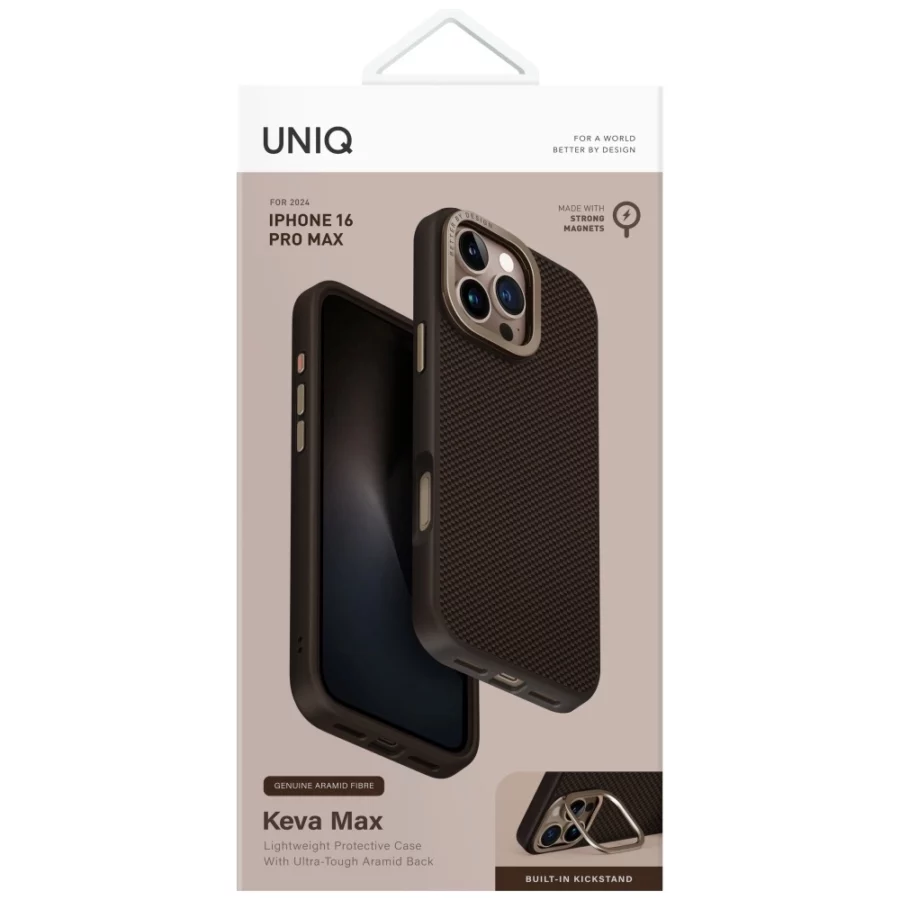 Etui UNIQ Keva Max Magclick Charging Camera Stand na iPhone 16 Pro Max - brązowe