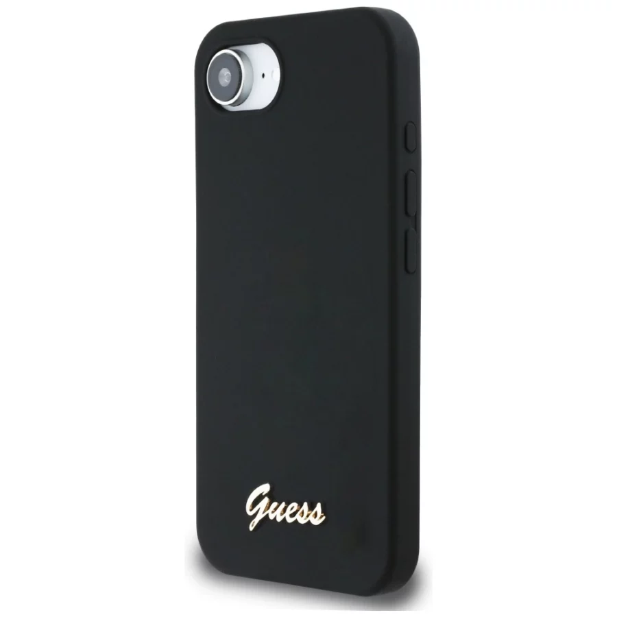 Etui Guess Silicone Script Metal Logo MagSafe na iPhone 16e - czarne