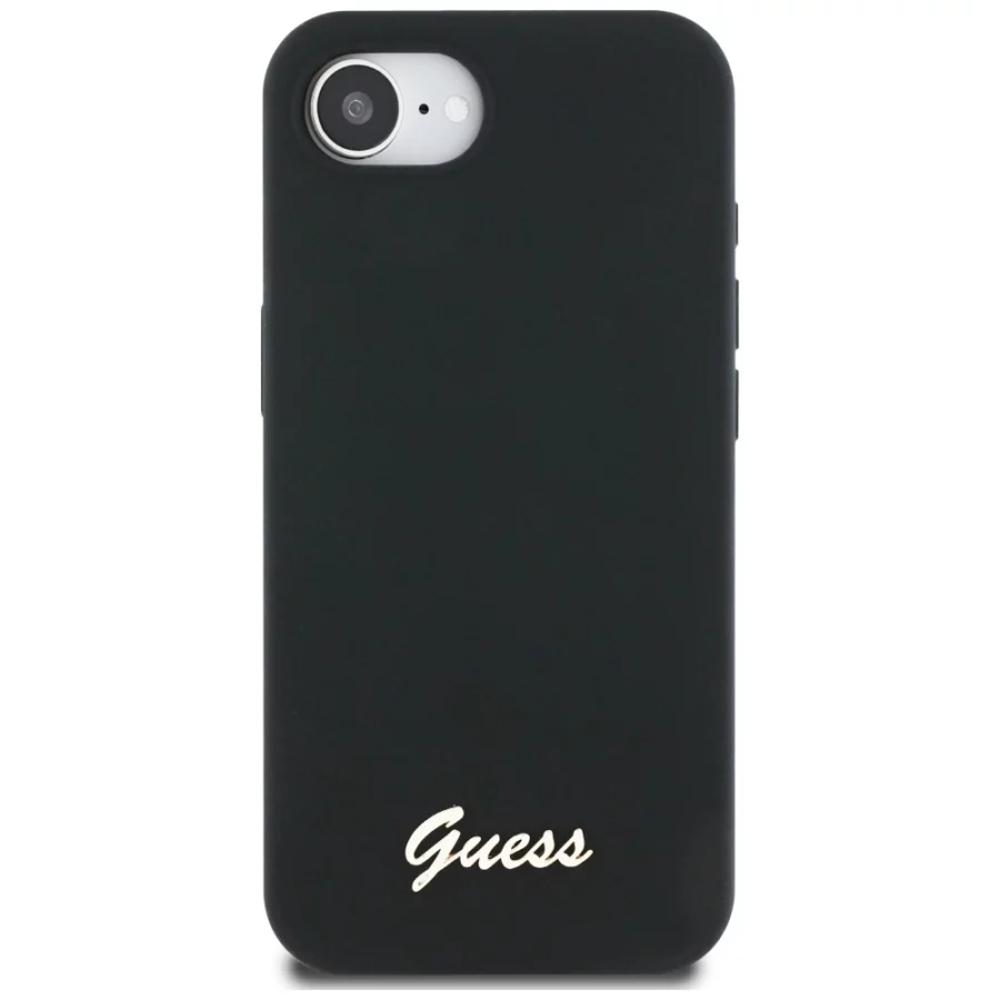 Etui Guess Silicone Script Metal Logo MagSafe na iPhone 16e - czarne