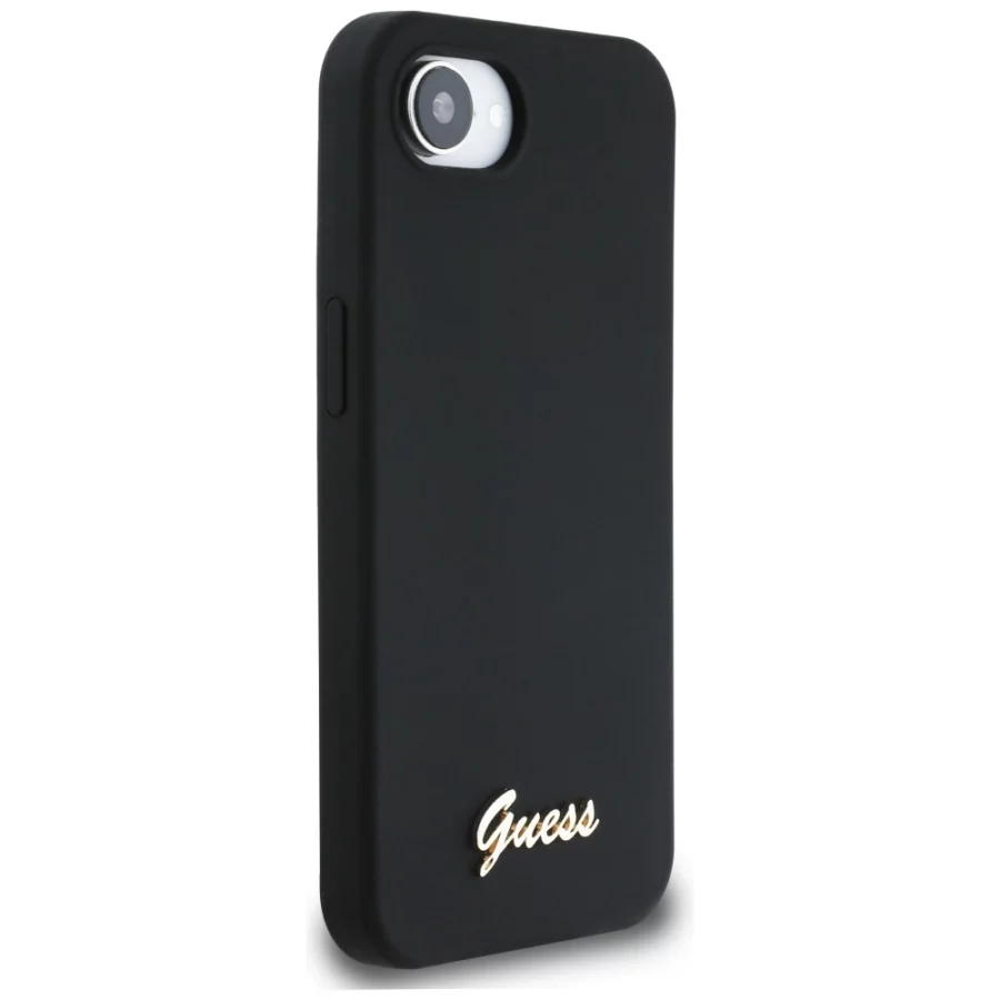 Etui Guess Silicone Script Metal Logo MagSafe na iPhone 16e - czarne
