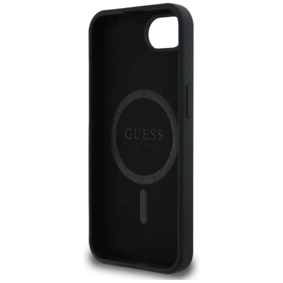 Etui Guess Silicone Script Metal Logo MagSafe na iPhone 16e - czarne