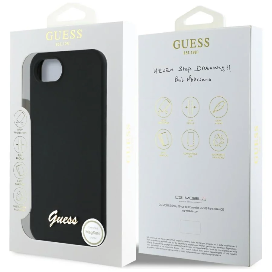 Etui Guess Silicone Script Metal Logo MagSafe na iPhone 16e - czarne