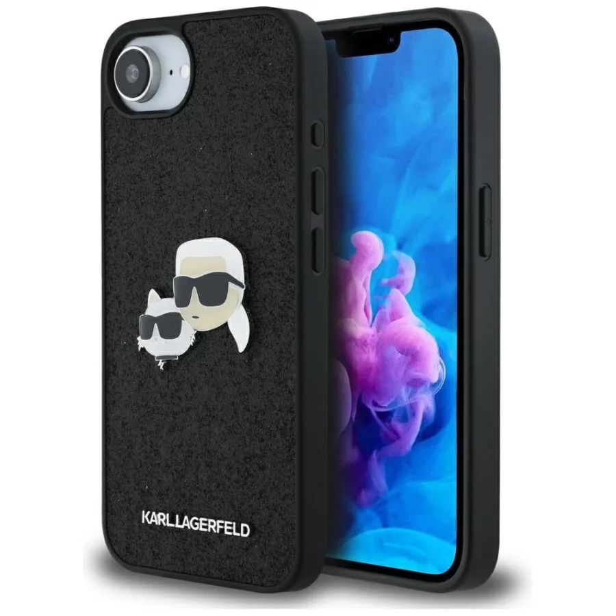 Etui Karl Lagerfeld Fixed Glitter Karl&Choupette Heads Metal Pin na iPhone 16e - czarne