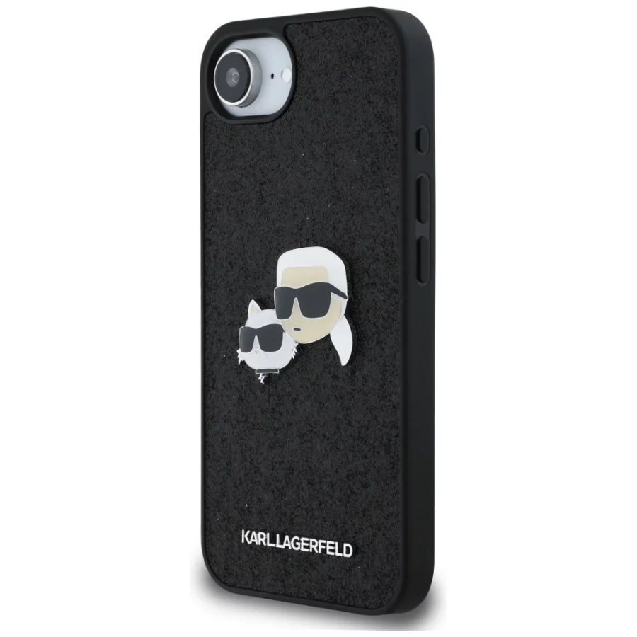 Etui Karl Lagerfeld Fixed Glitter Karl&Choupette Heads Metal Pin na iPhone 16e - czarne