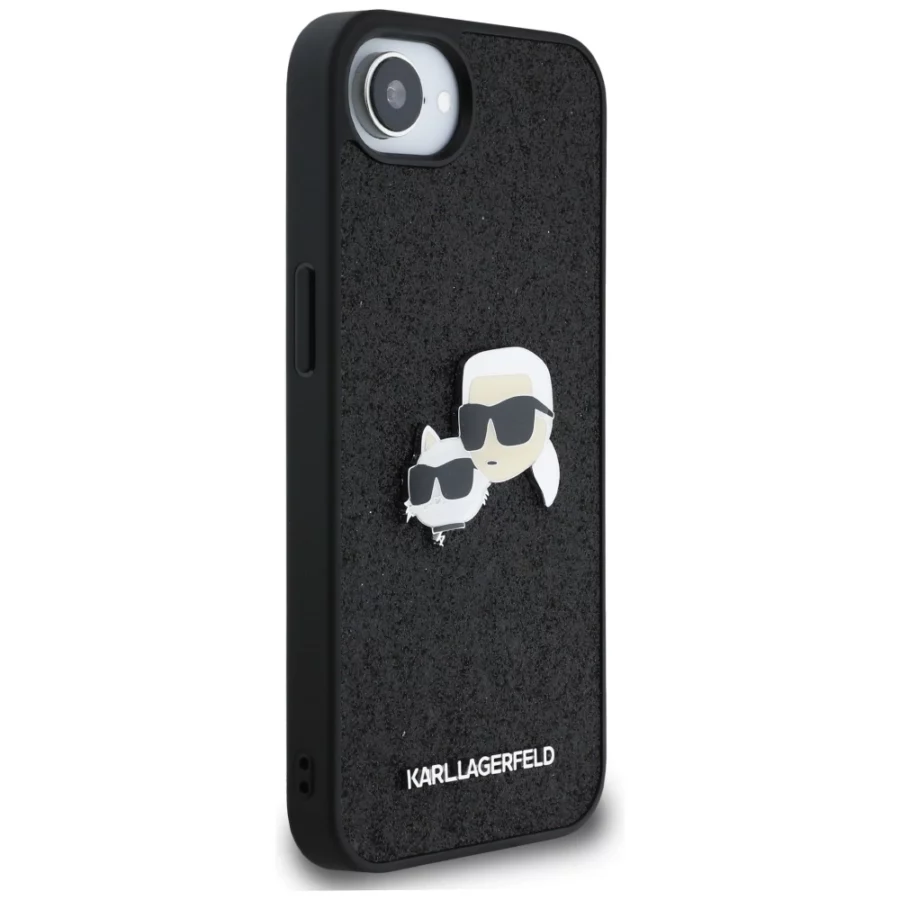 Etui Karl Lagerfeld Fixed Glitter Karl&Choupette Heads Metal Pin na iPhone 16e - czarne