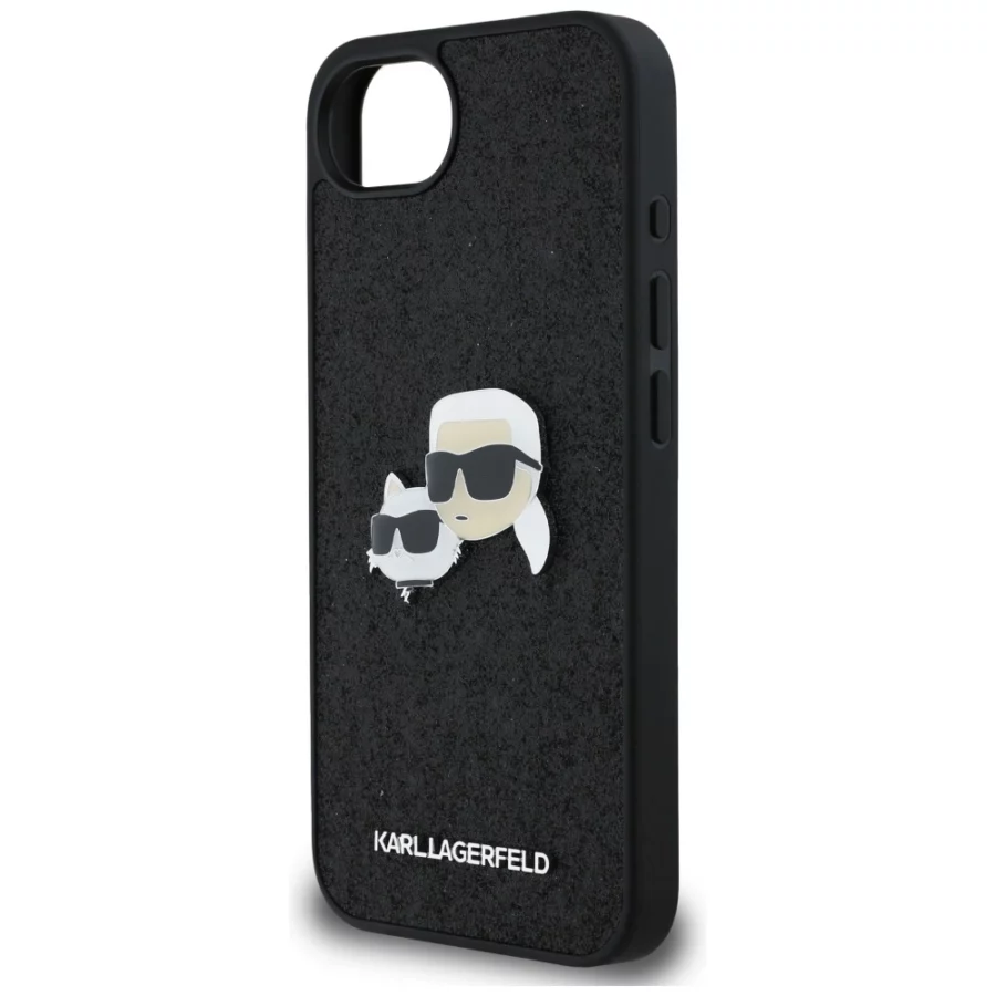 Etui Karl Lagerfeld Fixed Glitter Karl&Choupette Heads Metal Pin na iPhone 16e - czarne