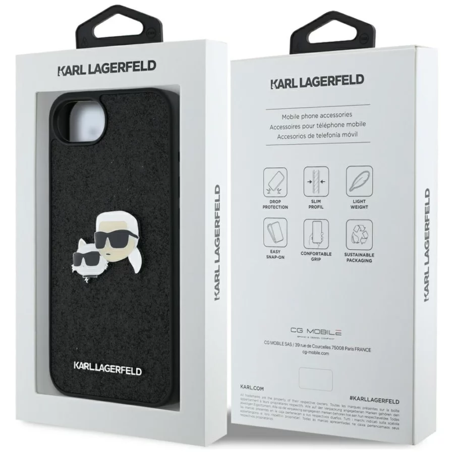 Etui Karl Lagerfeld Fixed Glitter Karl&Choupette Heads Metal Pin na iPhone 16e - czarne