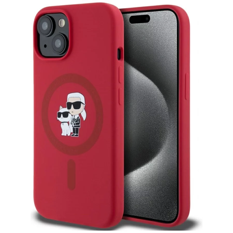 Etui Karl Lagerfeld Silicone Karl&Choupette Heads Ring MagSafe na iPhone 15 - czerwone