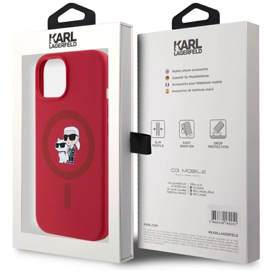 Etui Karl Lagerfeld Silicone Karl&Choupette Heads Ring MagSafe na iPhone 15 - czerwone