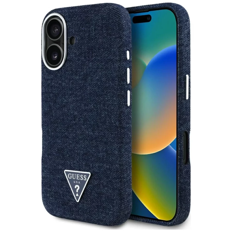Etui Guess Denim Triangle Logo MagSafe na iPhone 16 - niebieskie