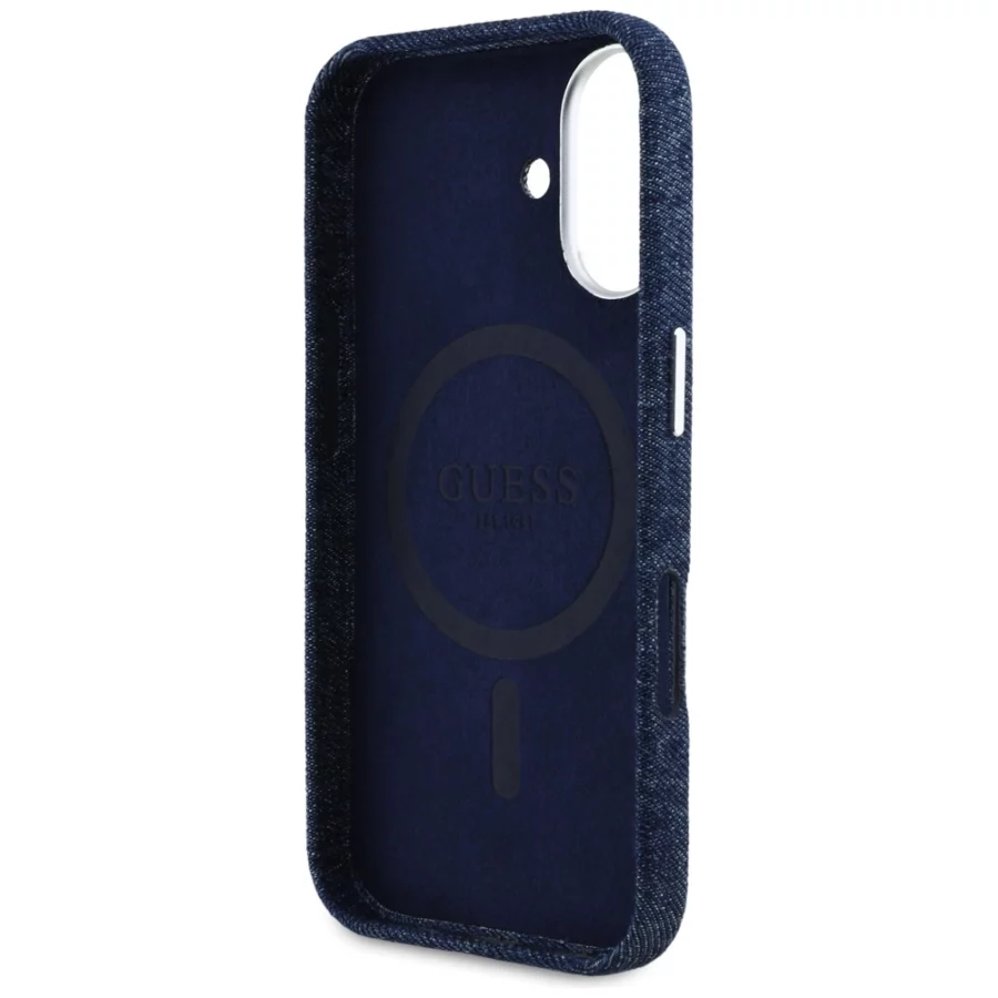Etui Guess Denim Triangle Logo MagSafe na iPhone 16 - niebieskie