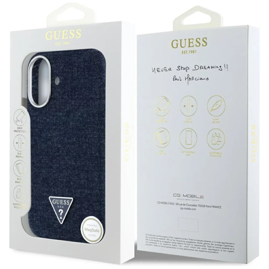 Etui Guess Denim Triangle Logo MagSafe na iPhone 16 - niebieskie
