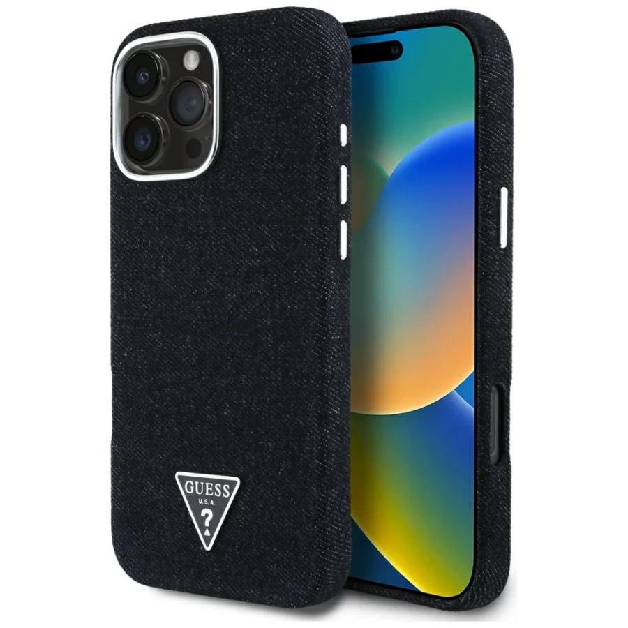 Etui Guess Denim Triangle Logo MagSafe na iPhone 16 Pro - czarne