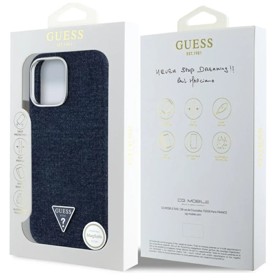 Etui Guess Denim Triangle Logo MagSafe na iPhone 16 Pro Max - niebieskie