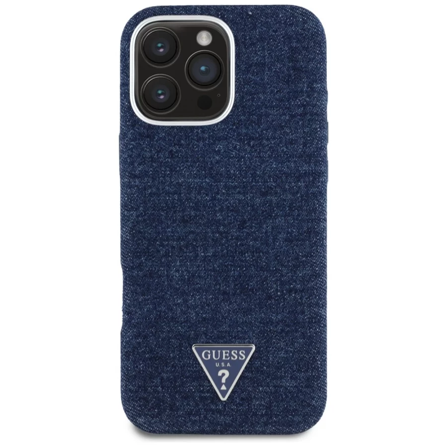 Etui Guess Denim Triangle Logo MagSafe na iPhone 16 Pro - niebieskie