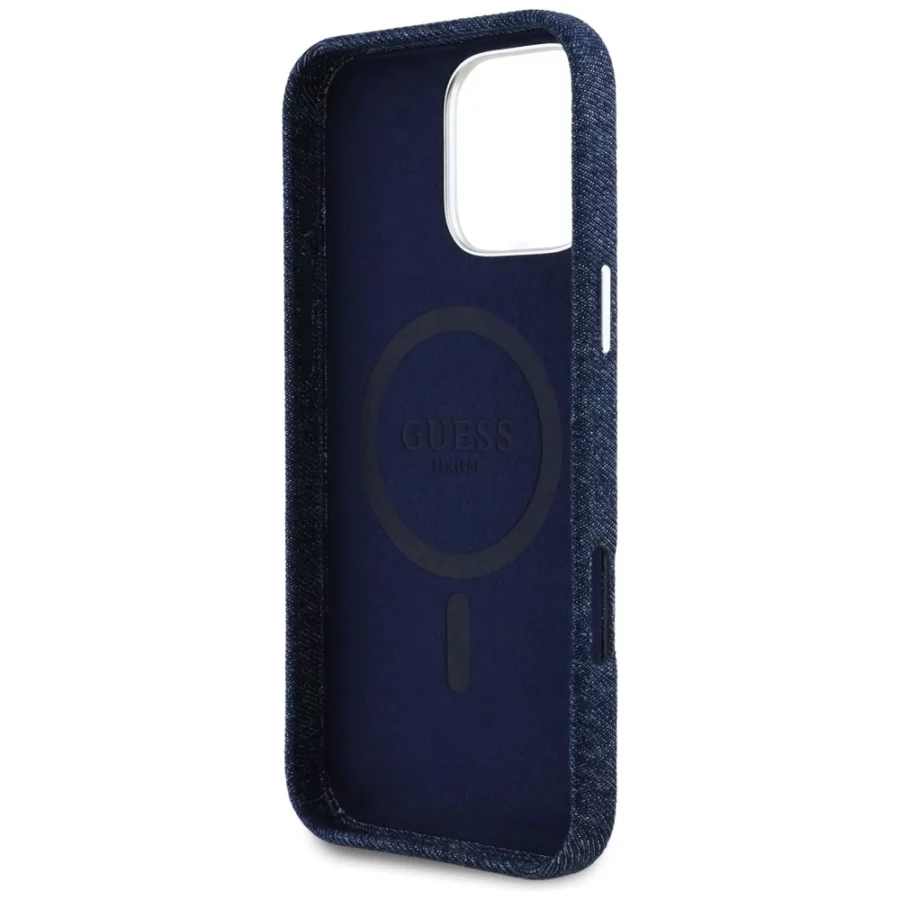 Etui Guess Denim Triangle Logo MagSafe na iPhone 16 Pro - niebieskie