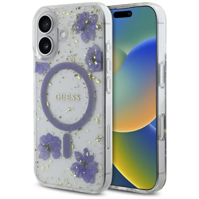 Etui Guess Resin Flowers Glitter MagSafe na iPhone 16 - fioletowe
