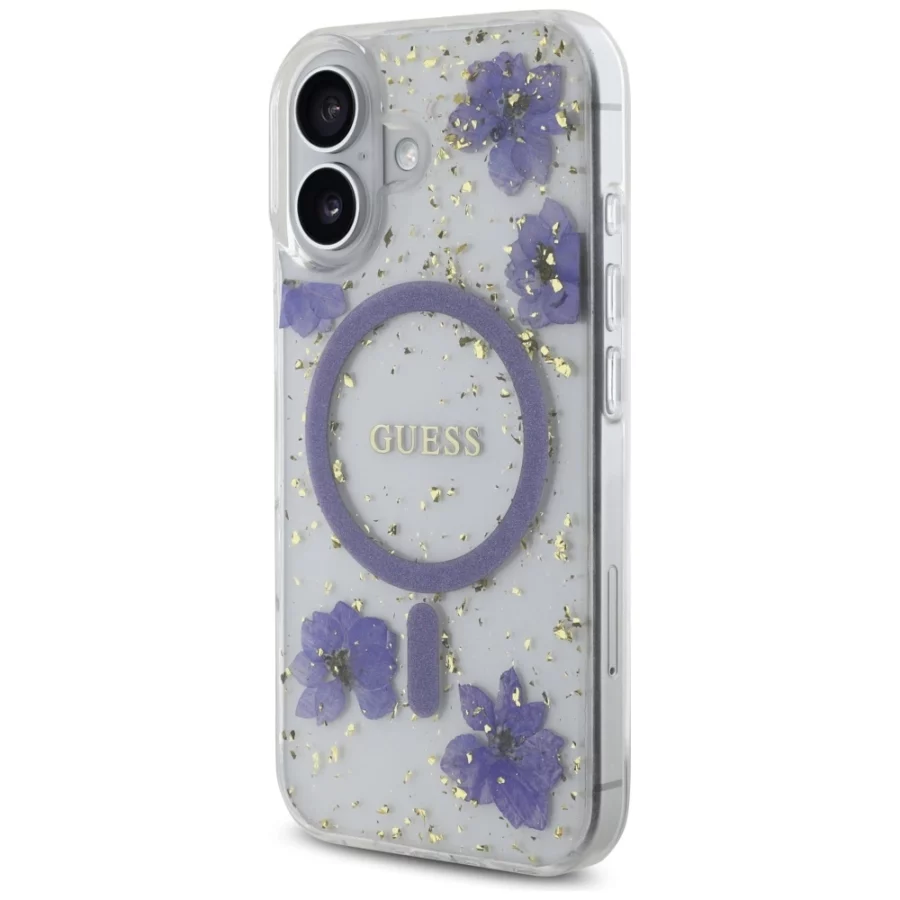 Etui Guess Resin Flowers Glitter MagSafe na iPhone 16 - fioletowe